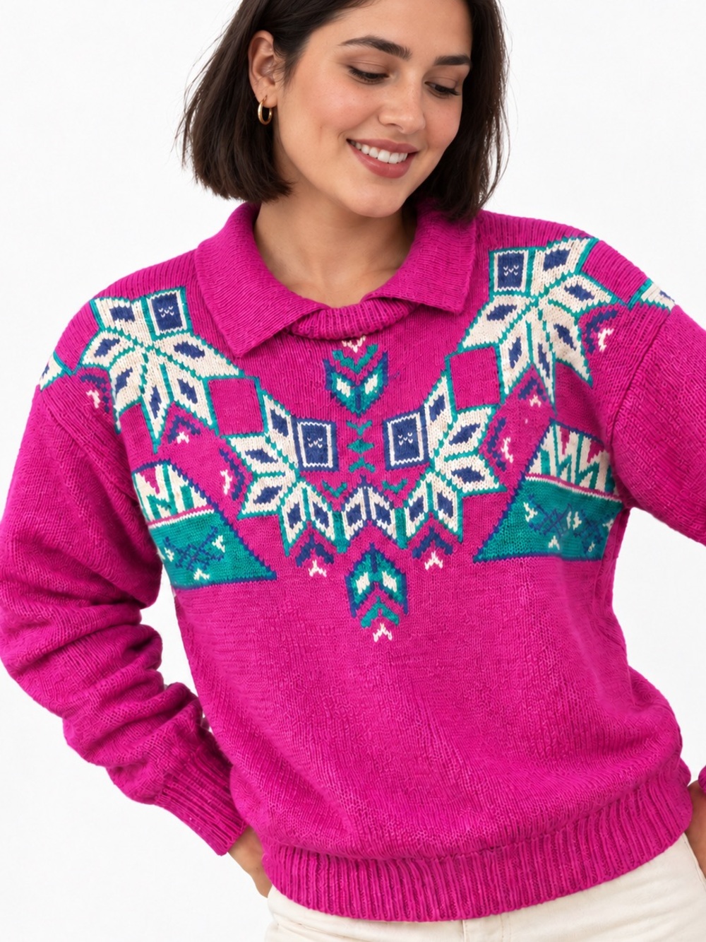 Vintage The North Face 100% Wool Sweater Womens S Purple Geometric Collared
